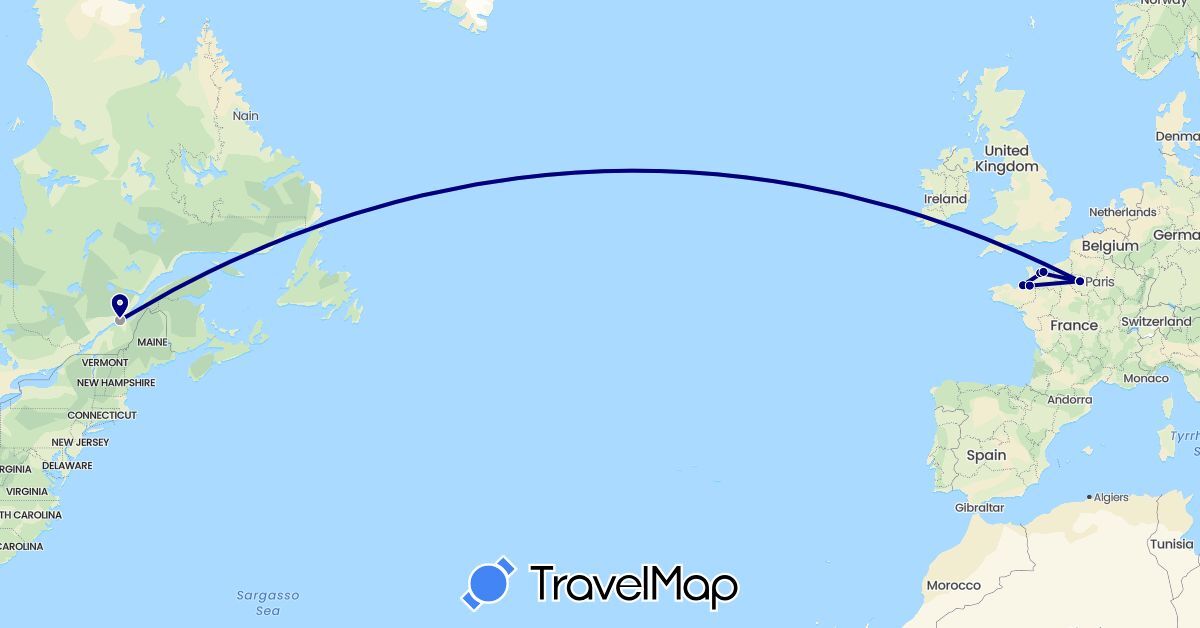TravelMap itinerary: driving, plane in Canada, France (Europe, North America)